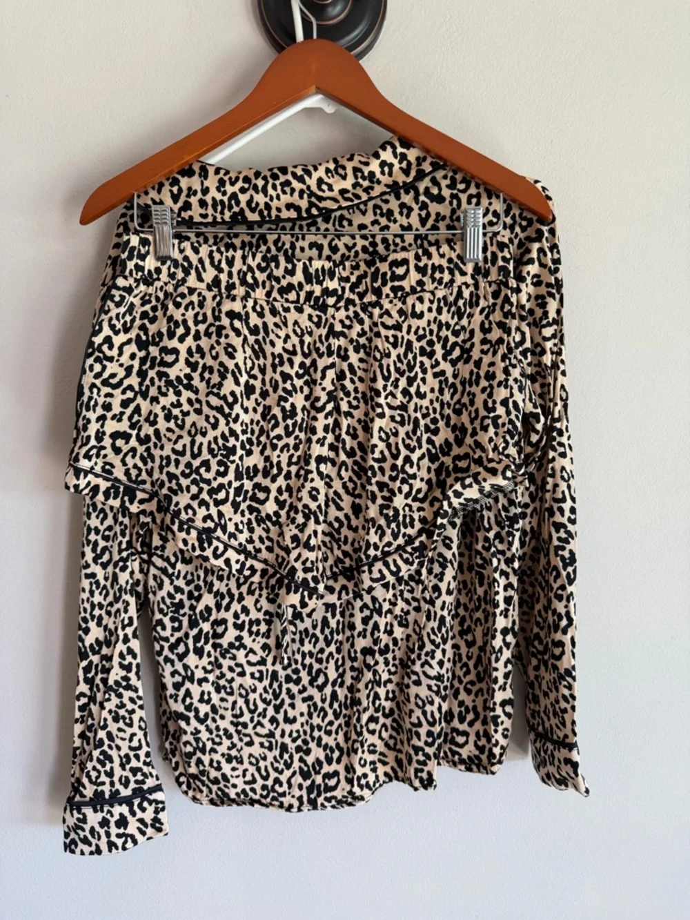 By Together Collection Leopard Print Pajama Set Tan Black Satin Long Sleeve M